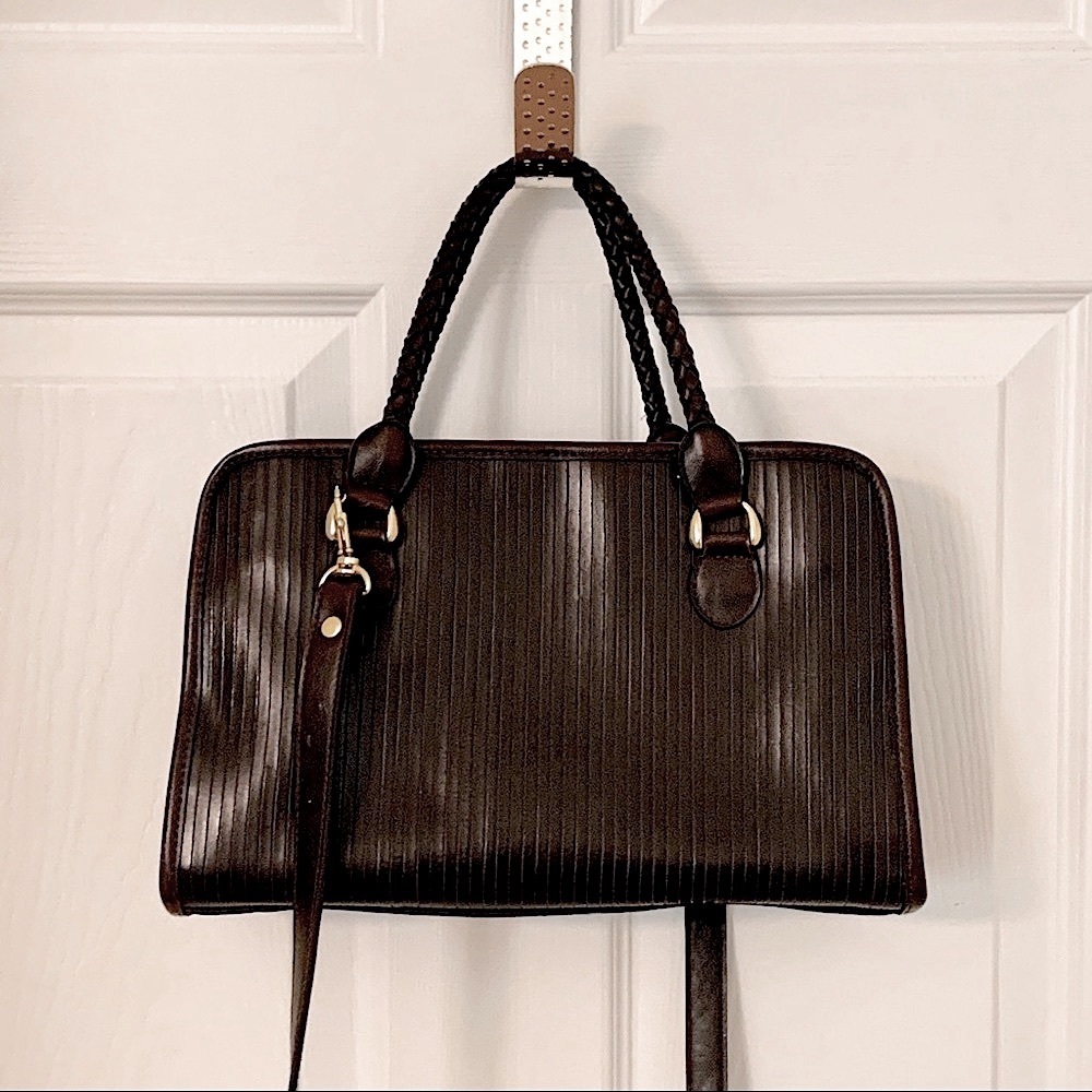 Marlo Vintage Dark BrownLeather Handbag with Woven Handles and Gold Hardware